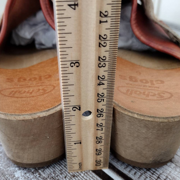 Dr. Scholl's | RARE Vintage Orange-Red Leather Studded Wooden Clogs Cotton Braid - Picture 12 of 16